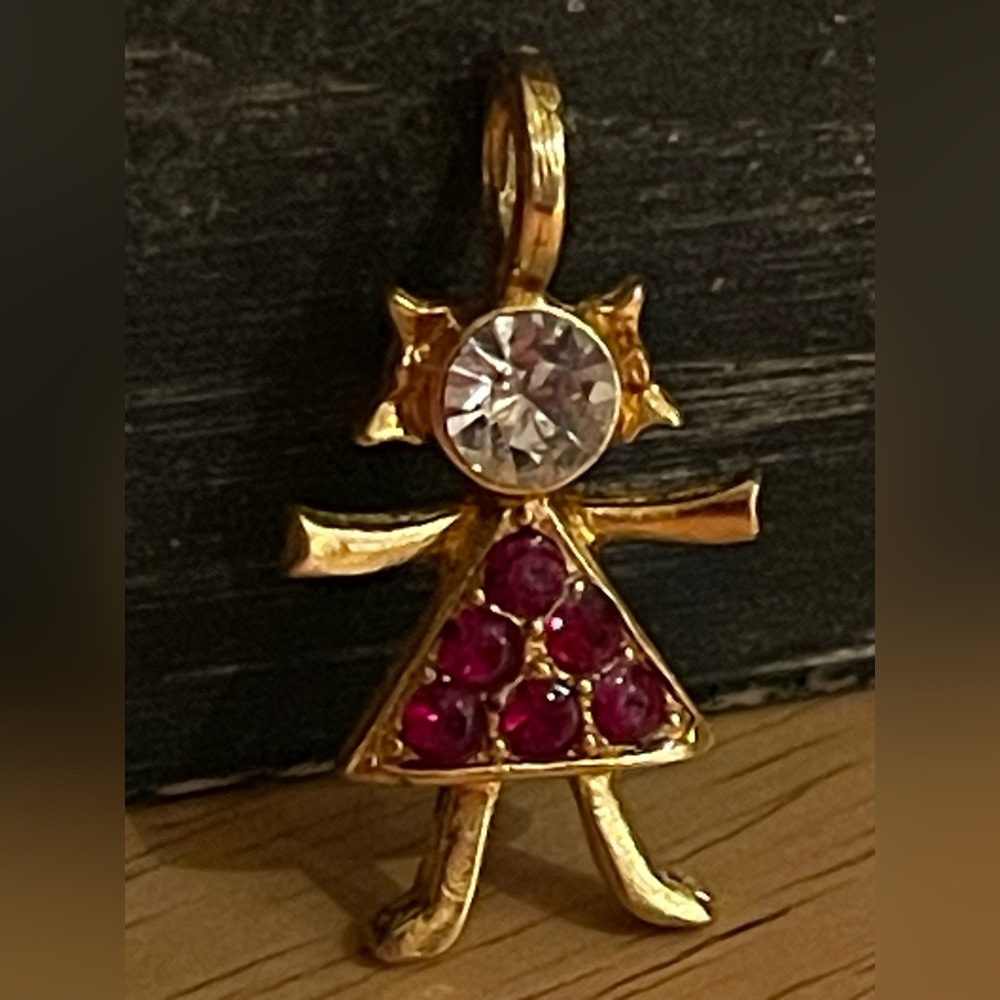 Vintage KIS Signed Birthstone Brats Kids RED Rhinestones Gold Tone Metal CHARM